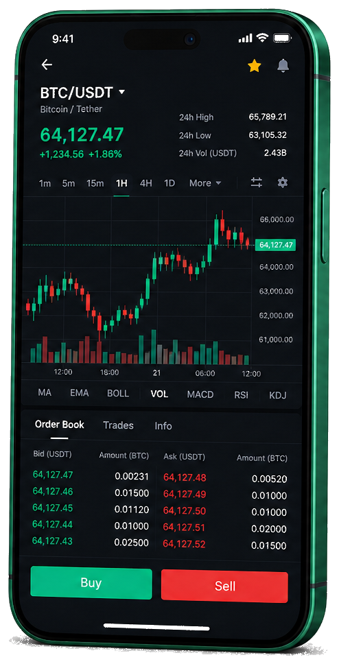 Platform trading Neo Valor pada ponsel — grafik BTC/USDT langsung, order book, serta panel beli dan jual